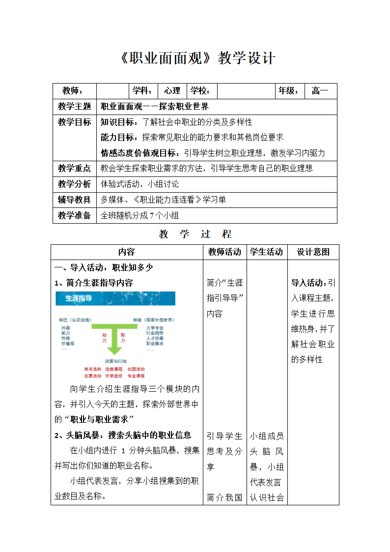 通用版高二心理健康  职业面面观 教案.doc第1页