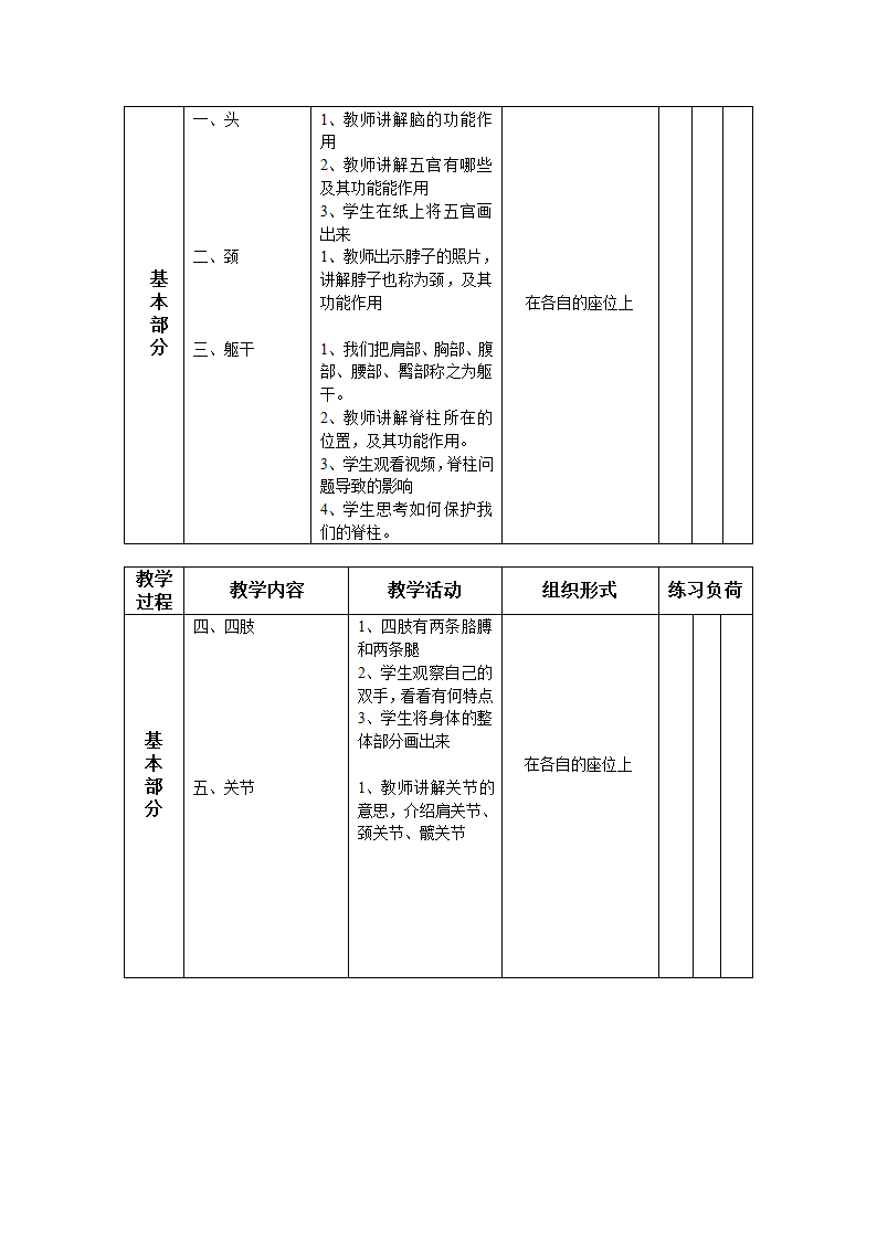 通用版一年级体育 我的身体 教案.doc第3页