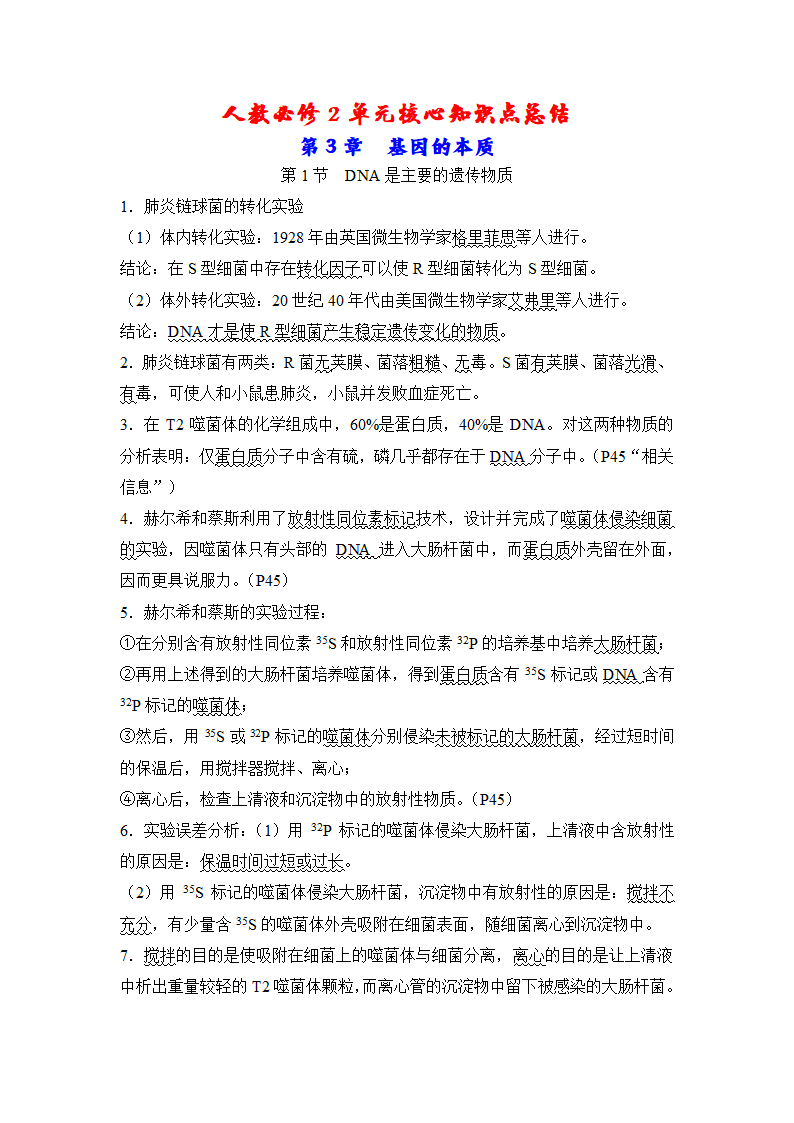 人教必修2单元核心知识点总结：第3章 基因的本质.doc第1页