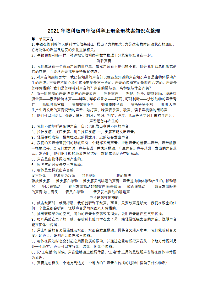 教科版（2017秋）四年级科学上册全册教案知识点整理.doc第1页