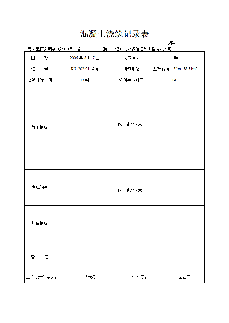 混凝土浇灌记录表施工单位用表.doc第1页