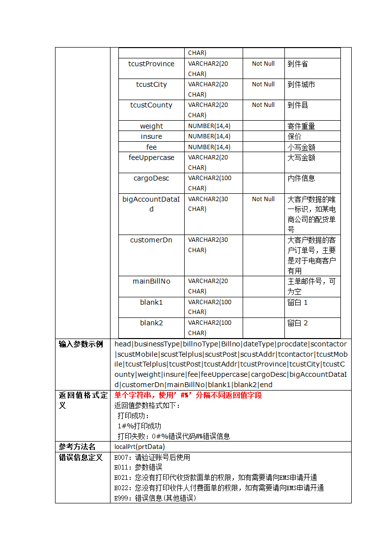 EMS自助服务系统和大客户接口规范V0.9(取单号打印后回传数据)第11页