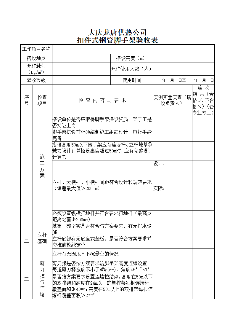 大庆某供热公司扣件式钢管脚手架验收表.docx第1页