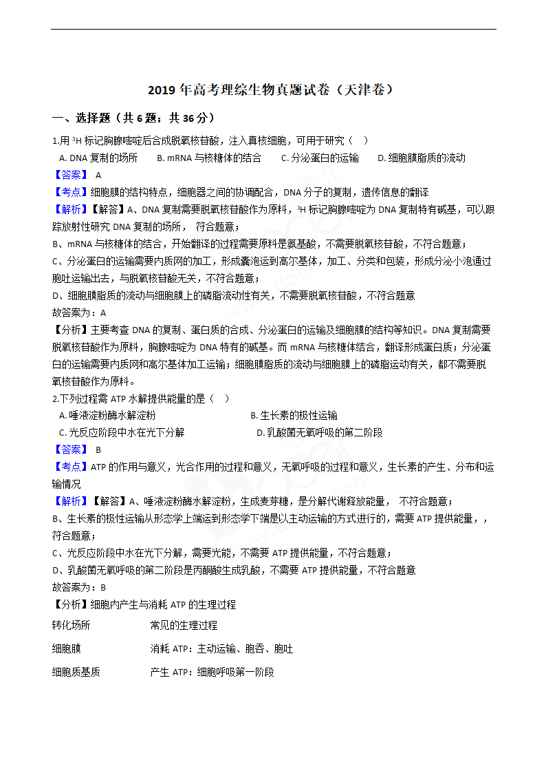 2019年高考理综生物真题试卷（天津卷）.docx第1页