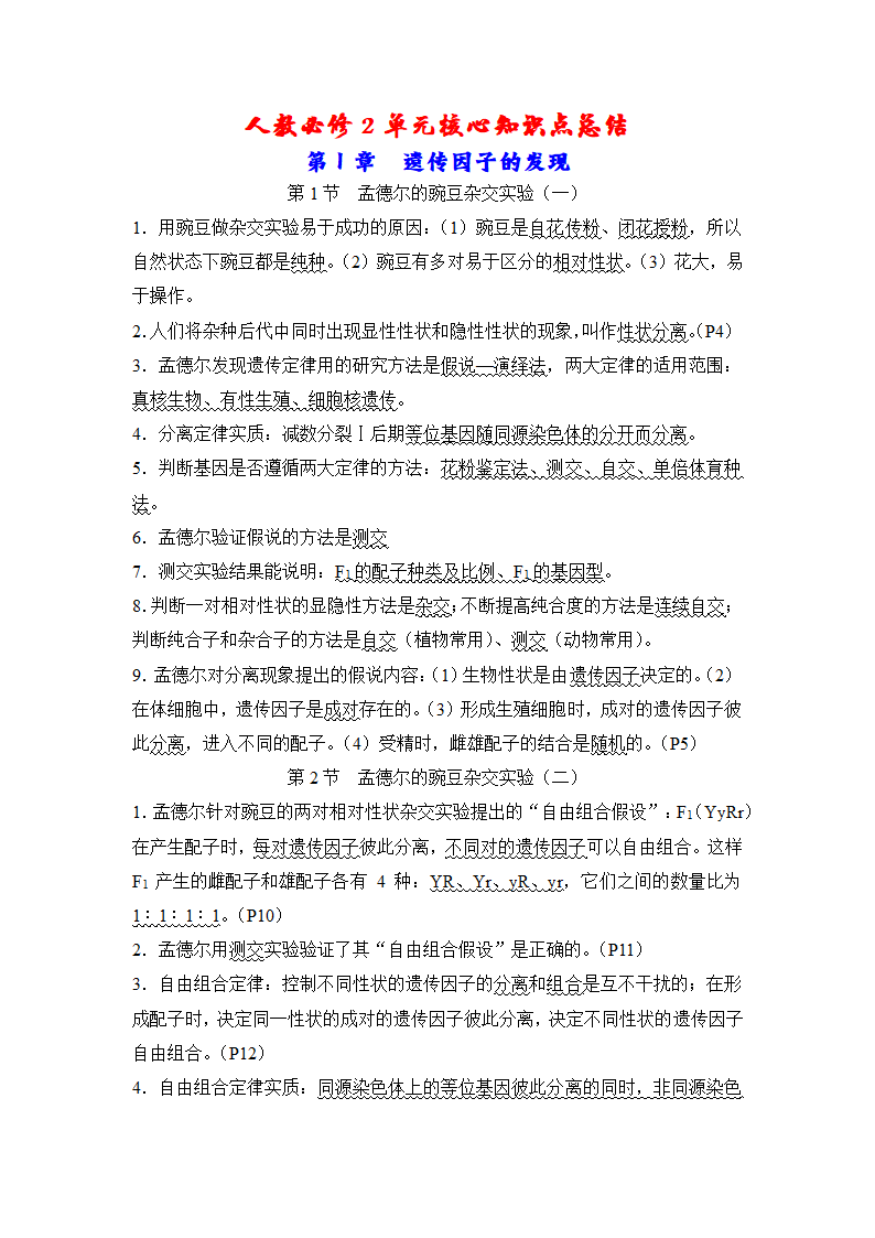 人教必修2单元核心知识点总结：第1章 遗传因子的发现.doc第1页