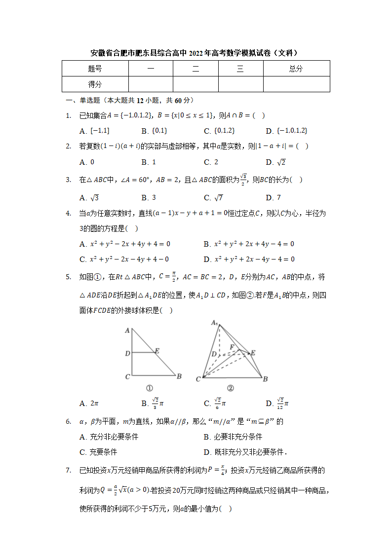 安徽省合肥市肥东县综合高中2022年高考数学模拟试卷（文科）（Word版无答案）.doc第1页