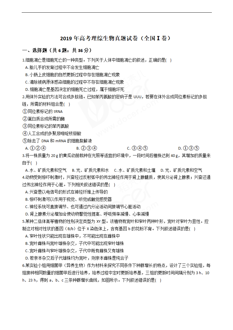 2019年高考理综生物真题试卷（全国Ⅰ卷）.docx第1页