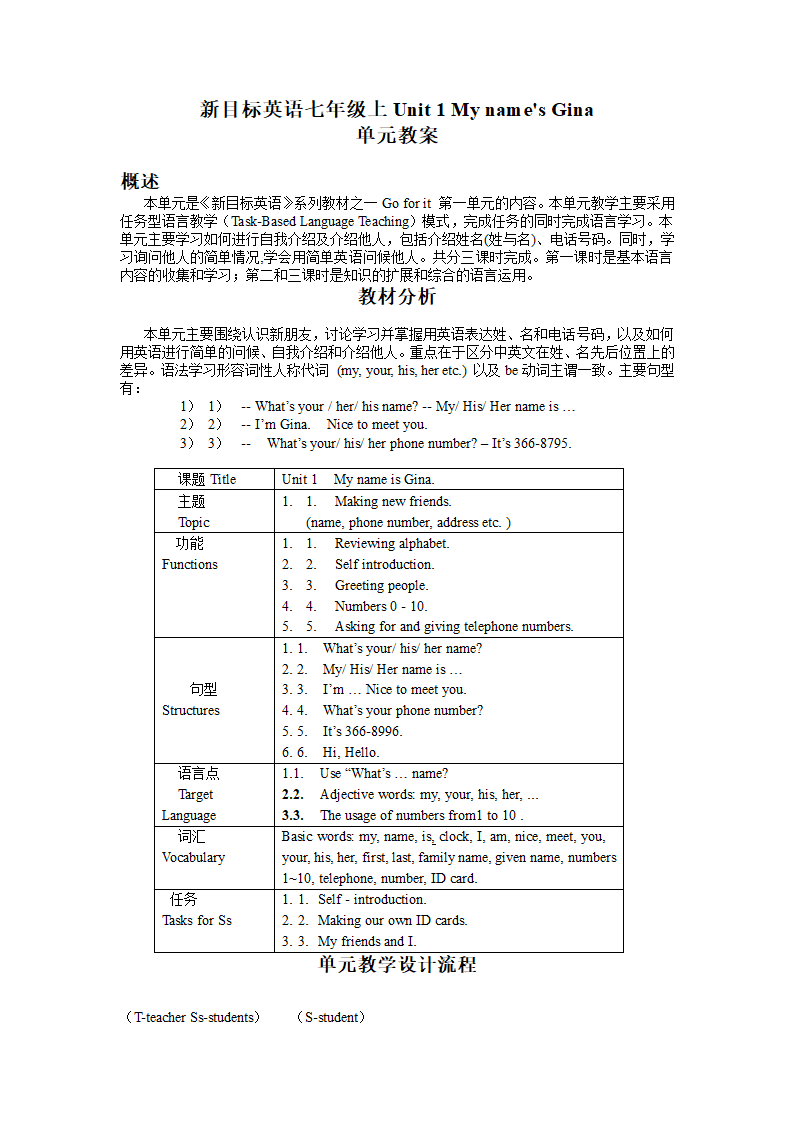 Unit 1 My name’’’’s Gina单元教案[上学期].doc第1页