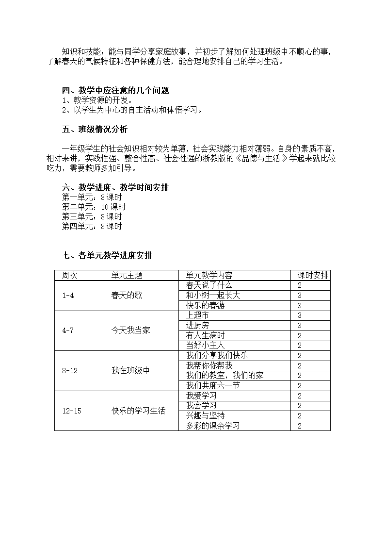 小学品德与生活一年级下册教学计划+教案（浙教版）.doc第2页