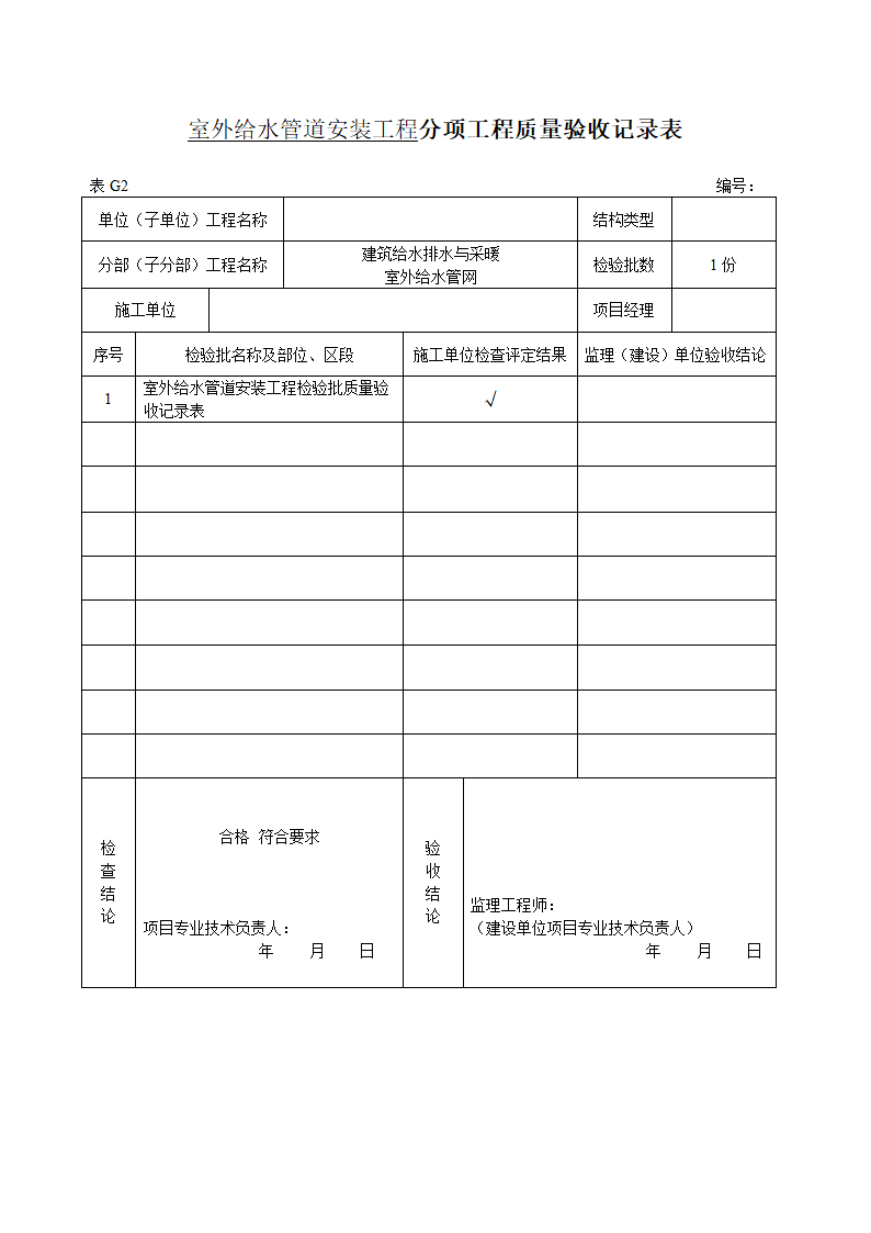 室外给水管道安装工程分项工程质量验收记录表.doc第1页