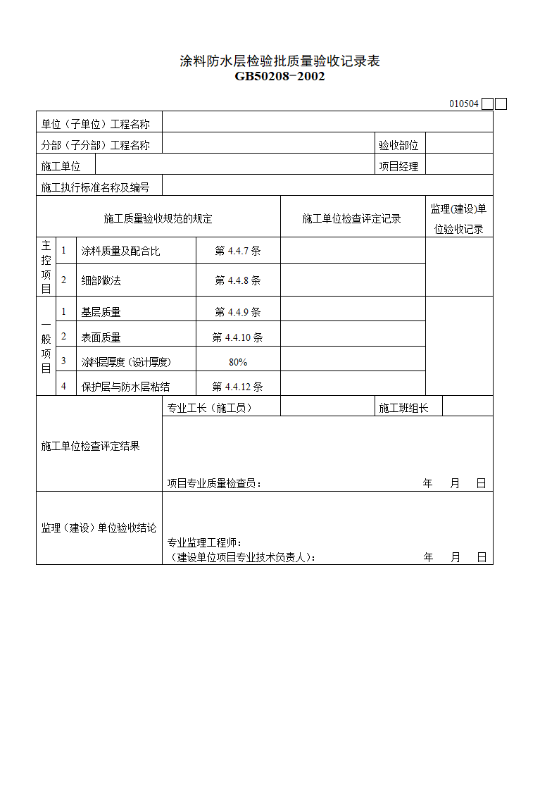 涂料防水层检验批质量验收记录表材料.doc第1页