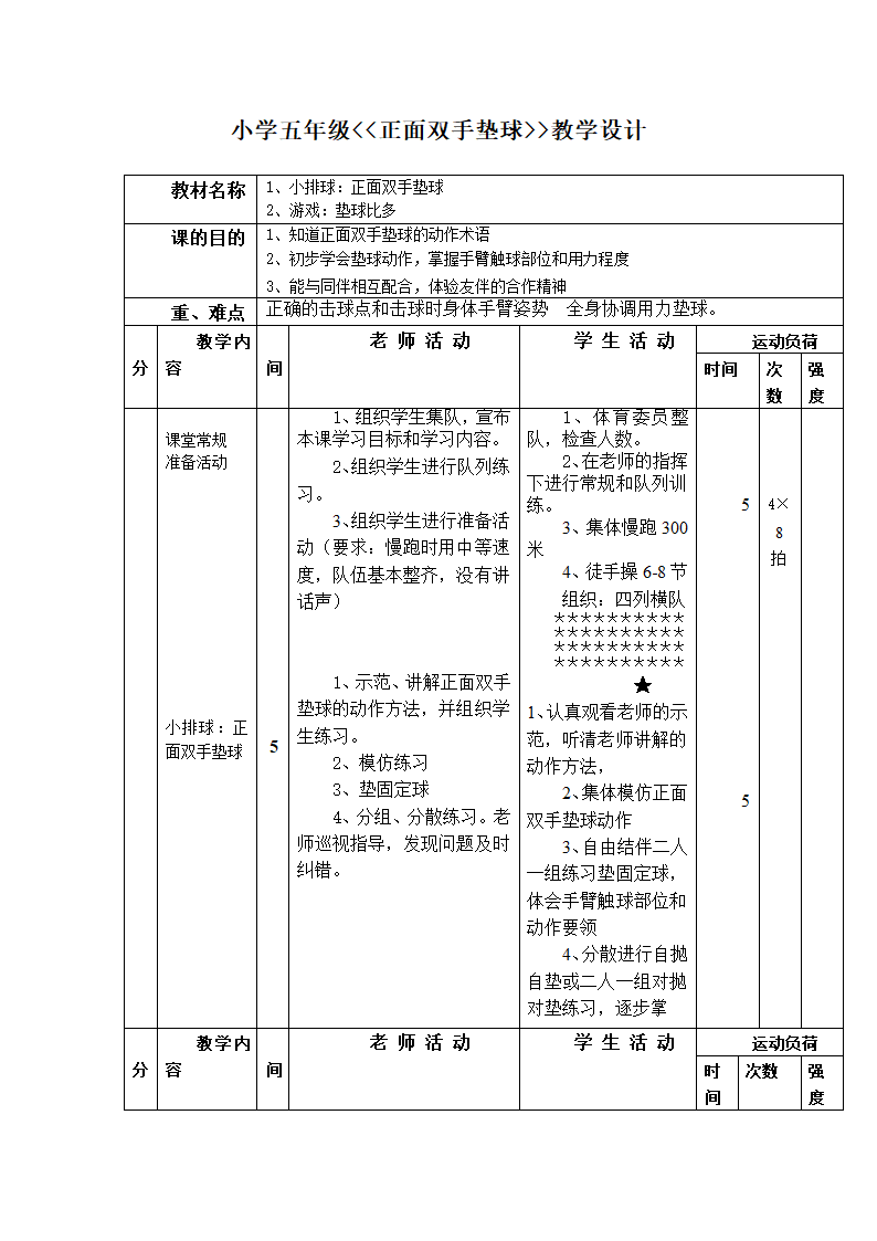 全国通用 五年级下册体育 排球正面双手垫球 教案.doc第3页