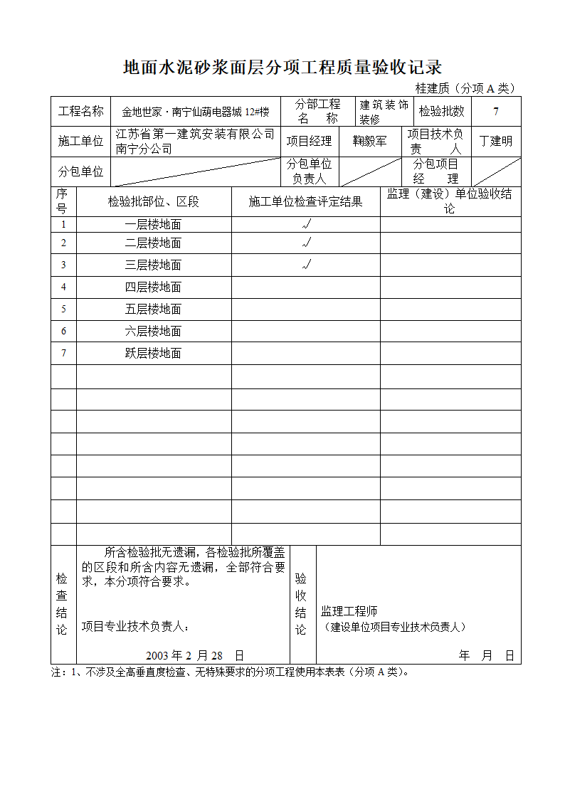 地面水泥砂浆面层分项工程质量验收记录建筑装饰装修.doc第1页