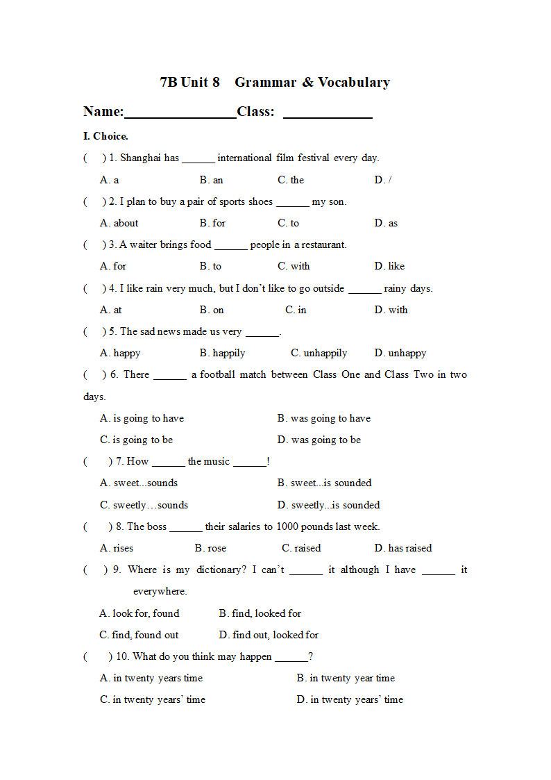 牛津上海版英语 七年级下学期Module 3 The natural elements Unit 8语法和词汇练习（无答案）.doc第1页