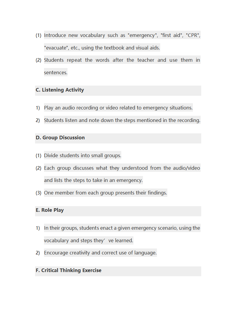 外研版八年级英语上册  Module 12 Unit 1 What should we do before help arrives？教案（全英文）.doc第2页