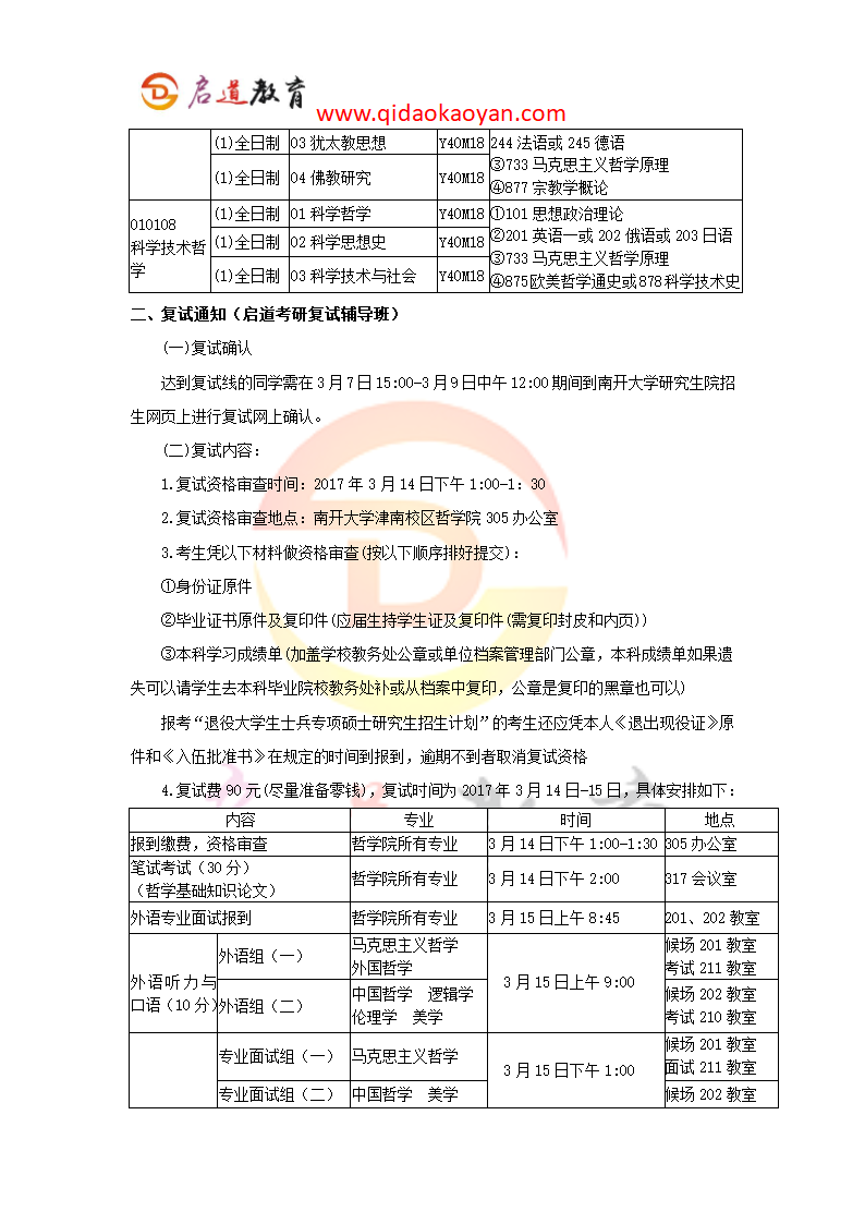 2018南开大学哲学院考研复试通知复试时间复试分数线复试经验第2页