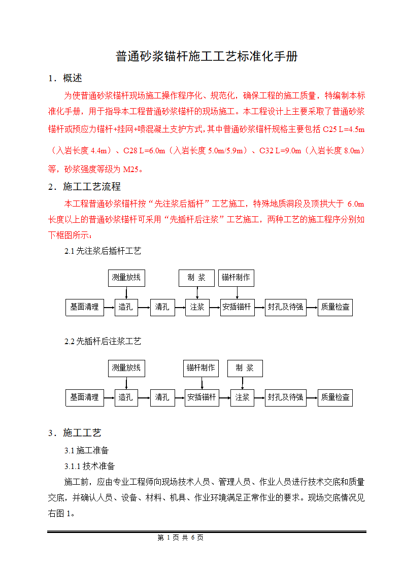 普通砂浆锚杆标准化施工工艺控制技术手册.doc