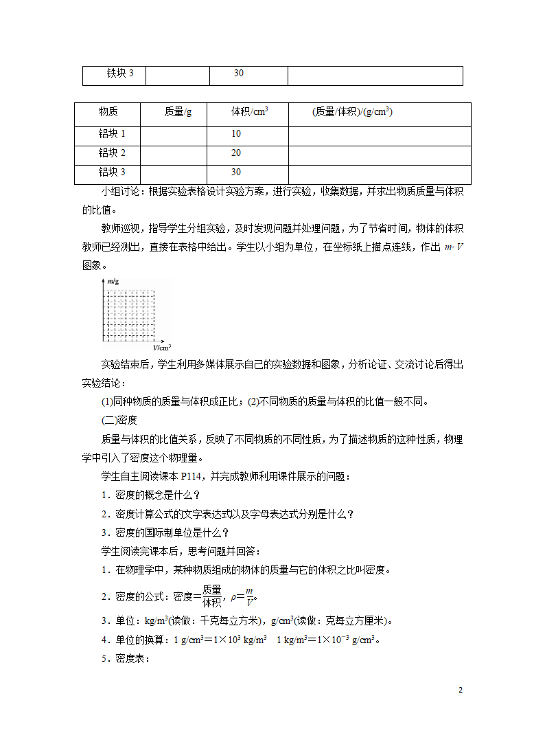 初中物理人教版八年级上册 6.2 密度 教案.doc第2页