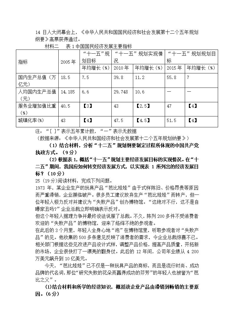 2012年高考海南卷文综政治题及参考答案第6页