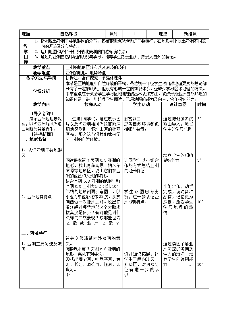 人教版地理七年级下册 6.2 自然环境 表格式教案.doc第1页