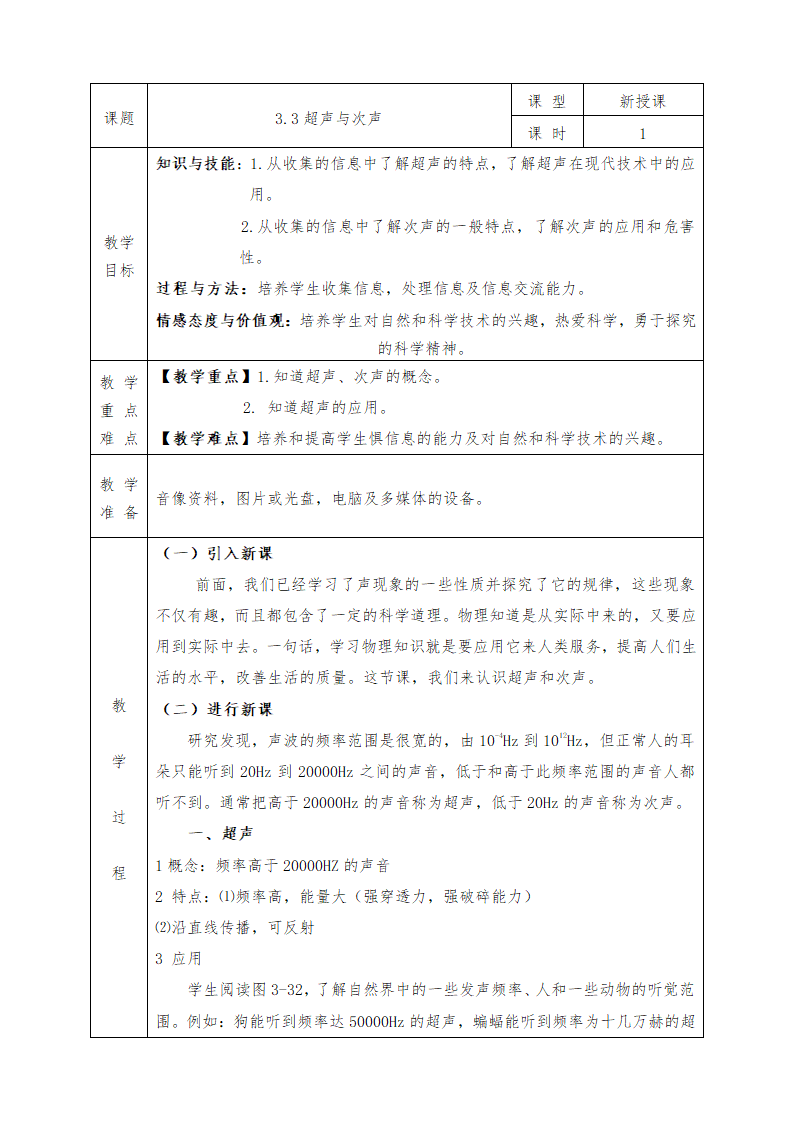 沪科版八年级物理上册教案3.3超声与次声.doc第1页