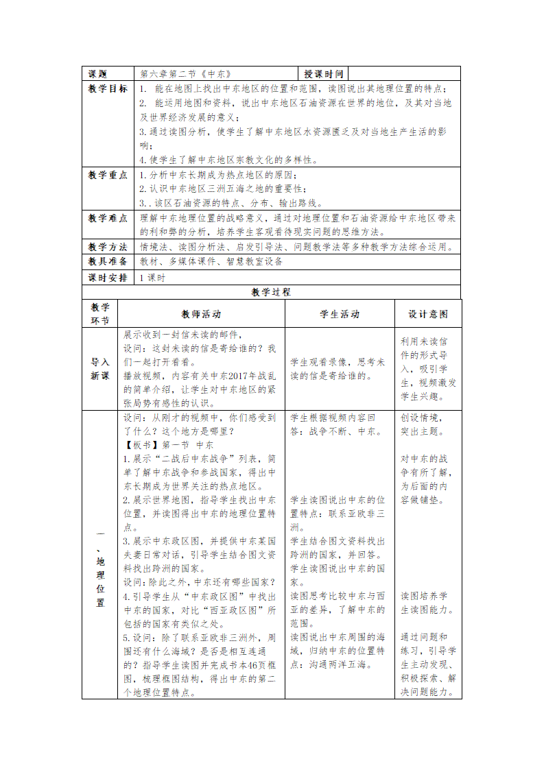 中图版地理八年级下册 6.2中东  教案（表格式）.doc第1页