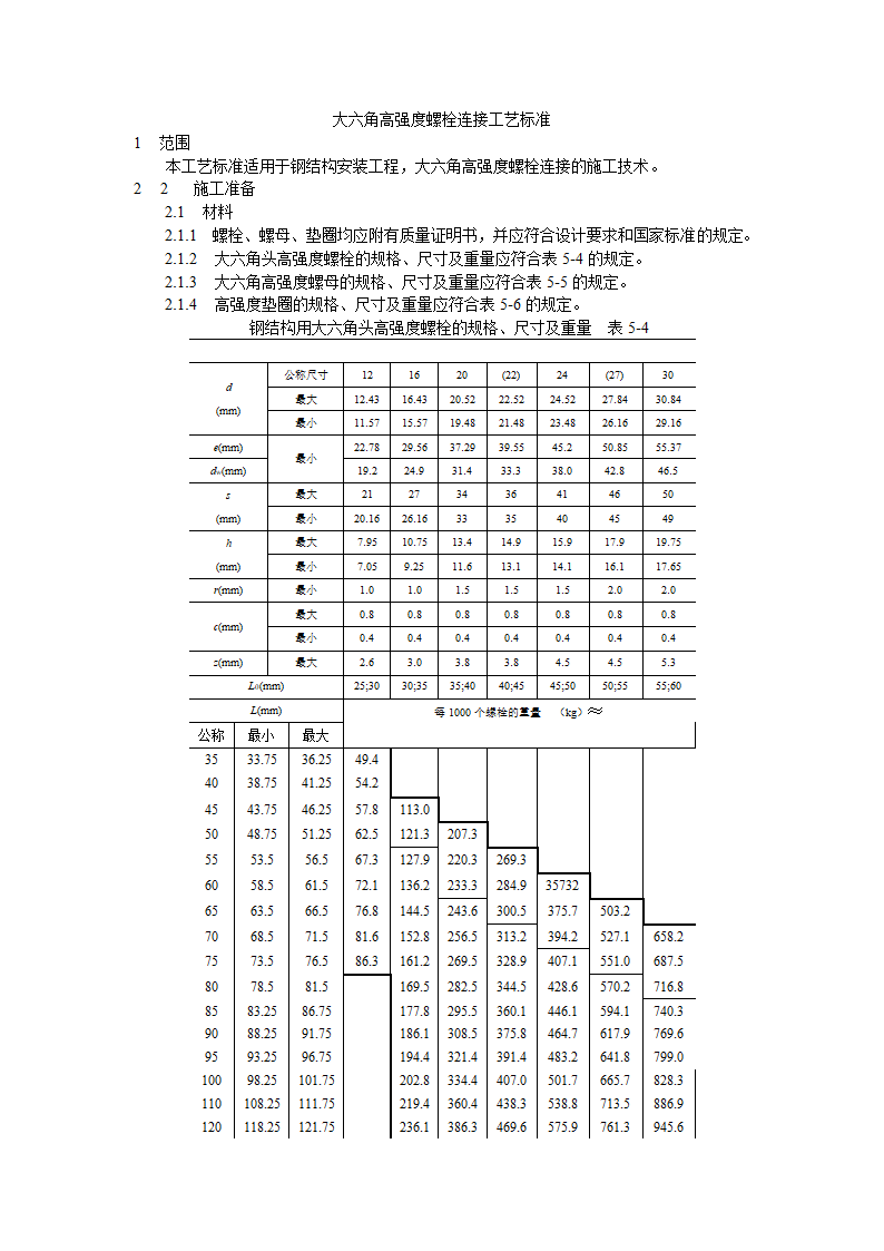 大六角高强度螺栓连接工艺标准施工方案.doc