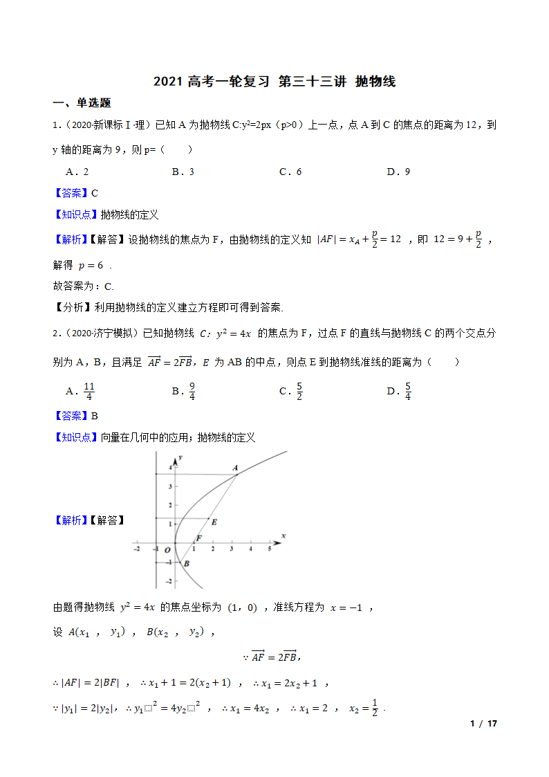 2021高考一轮复习 第三十三讲  抛物线.doc第1页