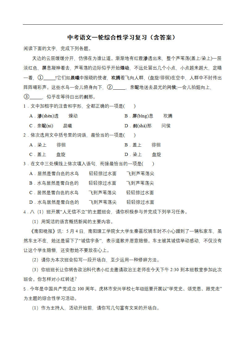 中考语文一轮综合性学习复习（含答案）.doc第1页