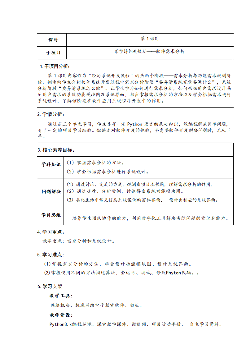 _第四单元《计算与问题解决》第1课时《乐学诗词先规划——软件需求分析》 教学设计 教科版（2019）高中信息技术必修1.doc