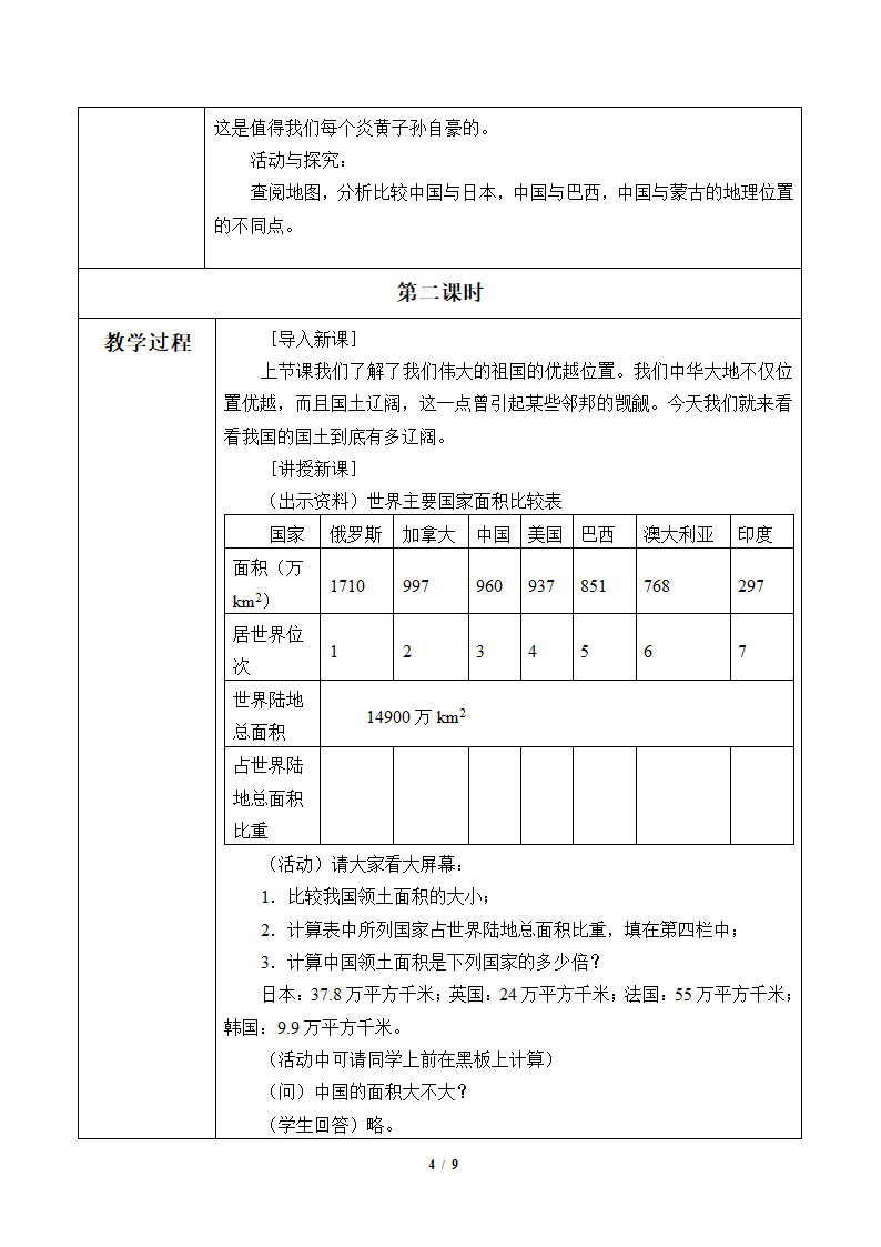 鲁教版（五四制）地理七年级上册 1.1 疆域 （表格式教案）.doc第4页