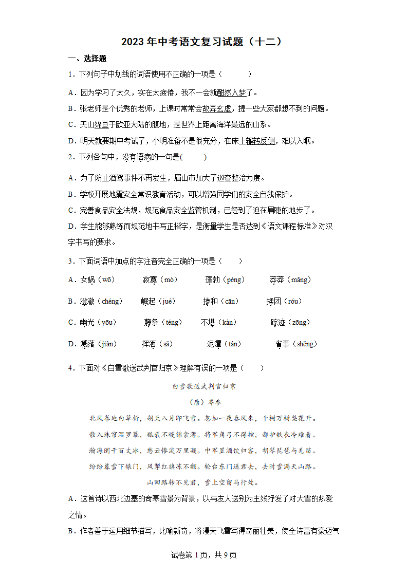 2023年中考语文复习试题（十二）（word版含答案）.doc第1页