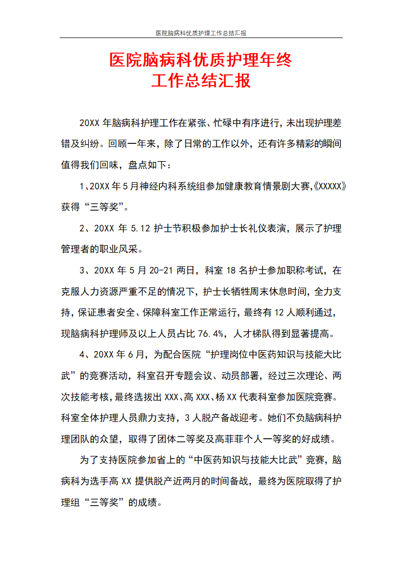 医院脑病科优质护理工作总结汇报.docx第1页