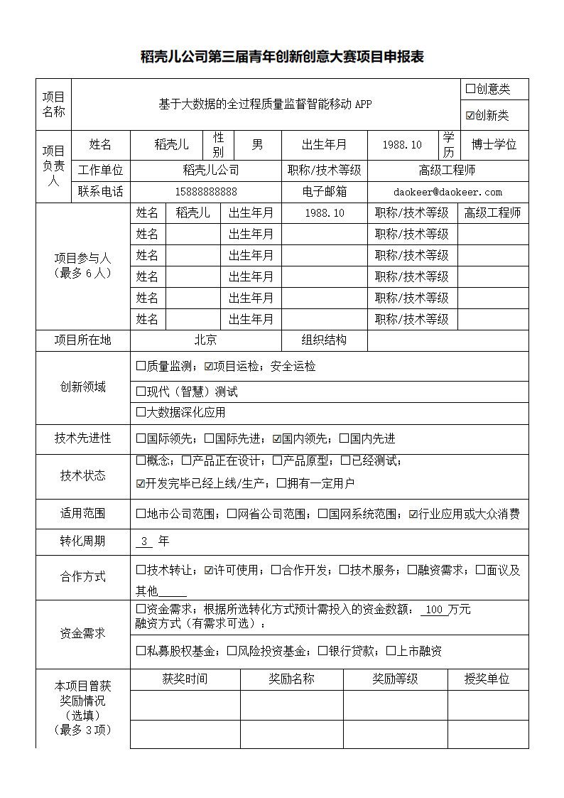 稻壳儿公司第三届青年创新创意大赛项目申报表.docx