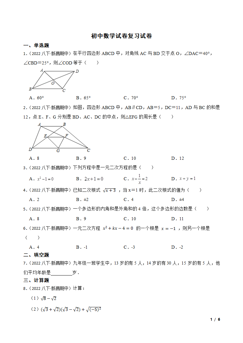 初中数学试卷复习试卷.doc第1页