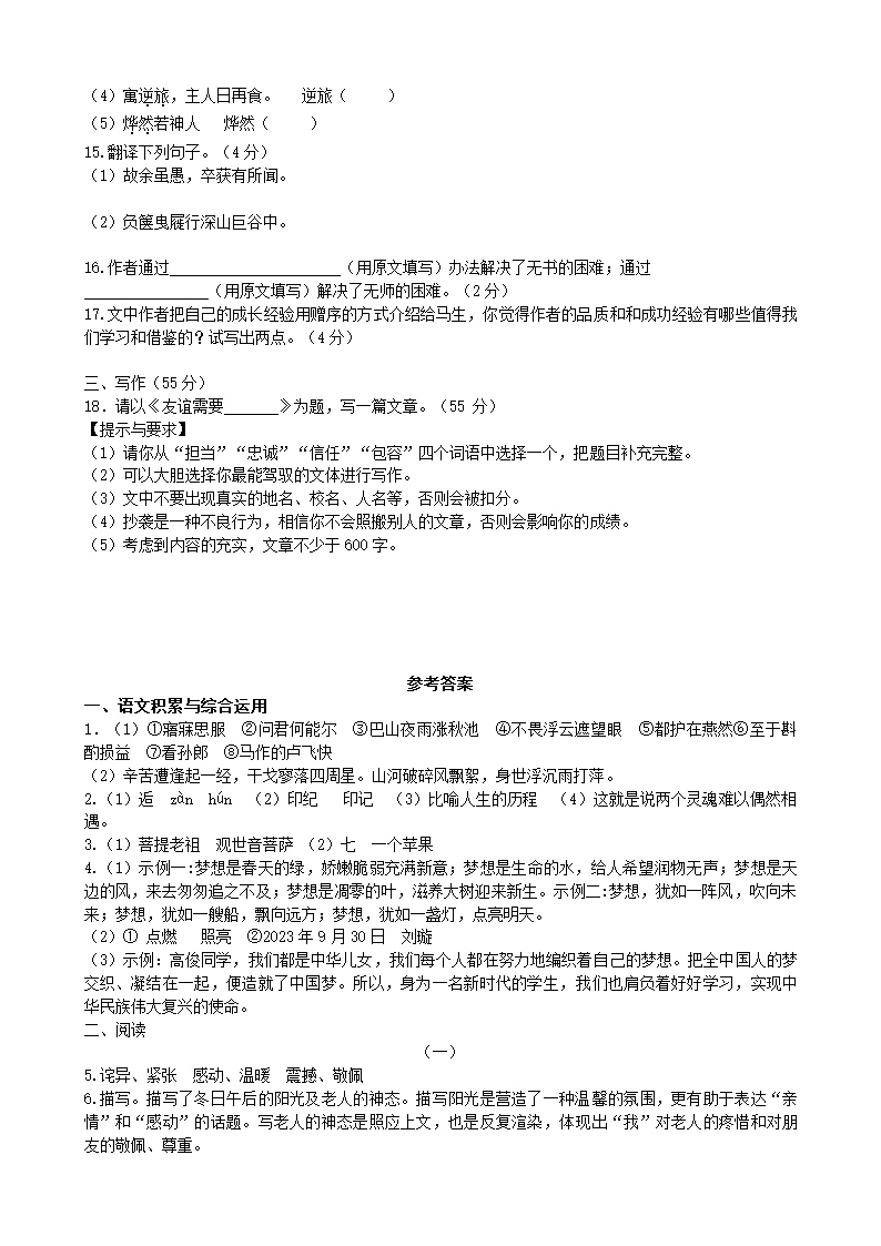 2023年安徽省中考语文模拟试题（word版含答案）.doc第5页