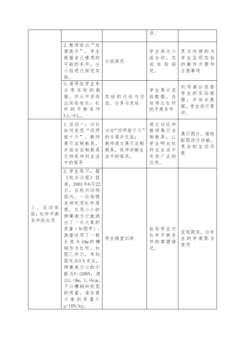 教科版物理八年级下册 11.1  杠杆 教案 （表格式）.doc第2页