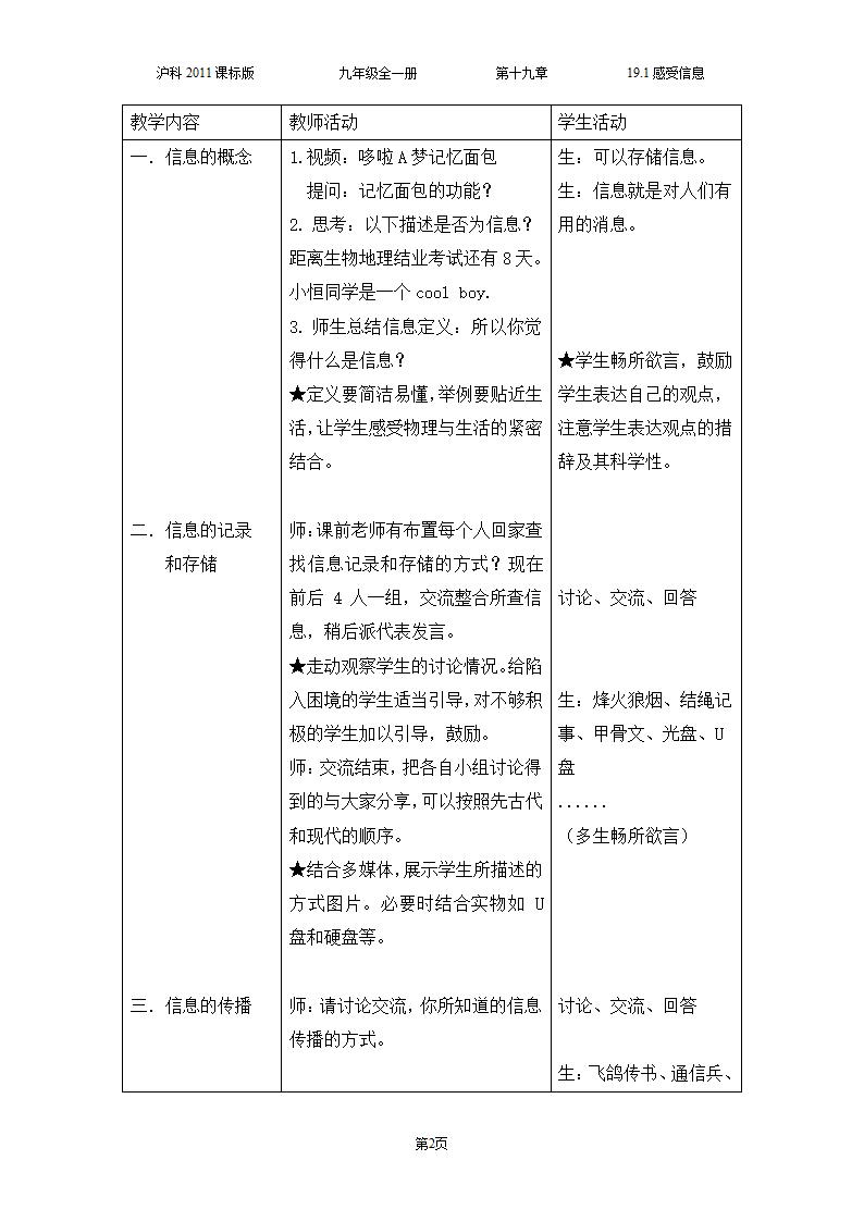 沪科版九年级物理 19.1感受信息  教案（表格式）.doc第2页