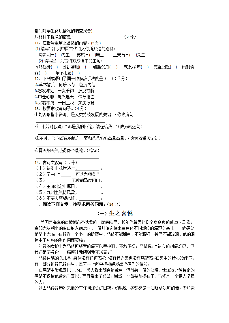 2013临川一中语文小升初模拟试题第2页