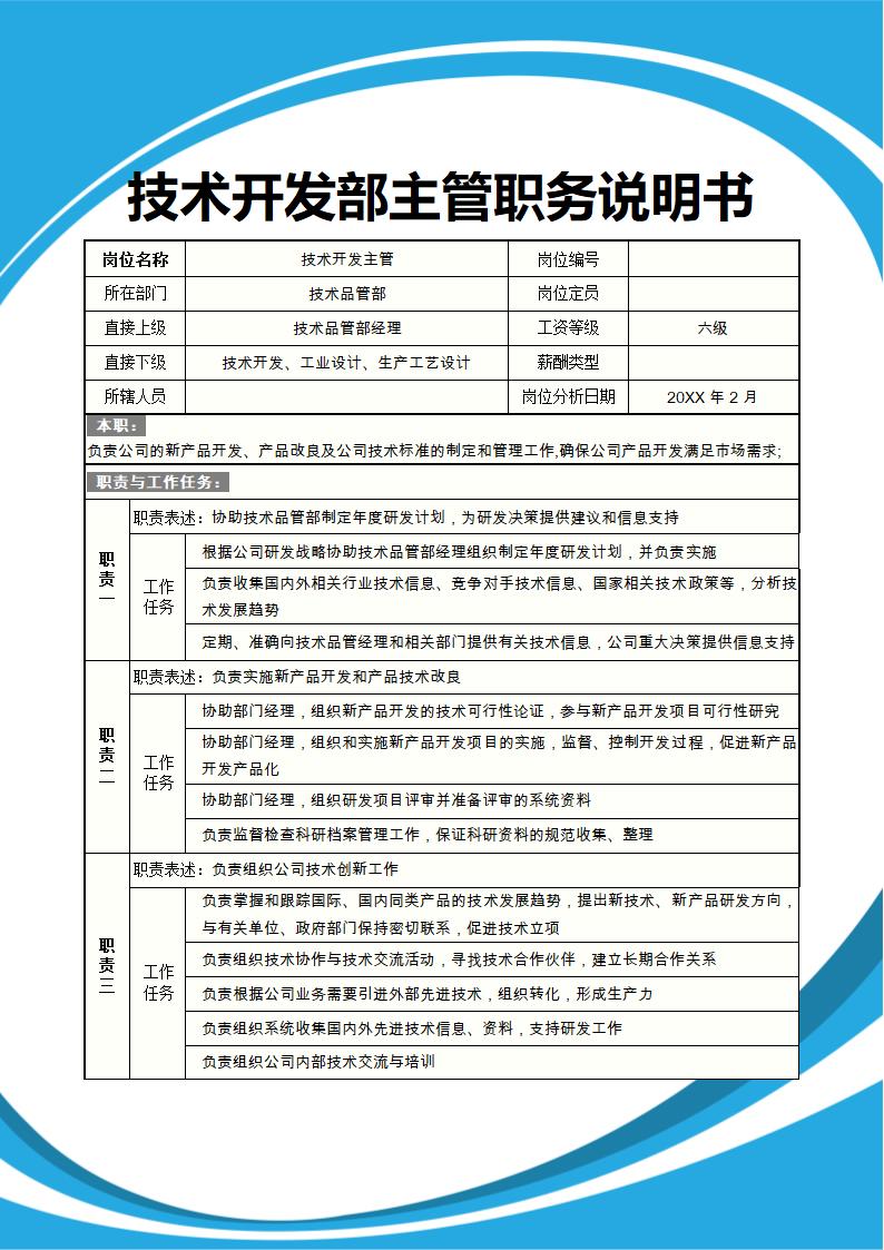 技术开发部主管职务说明书（可修改打印）.docx