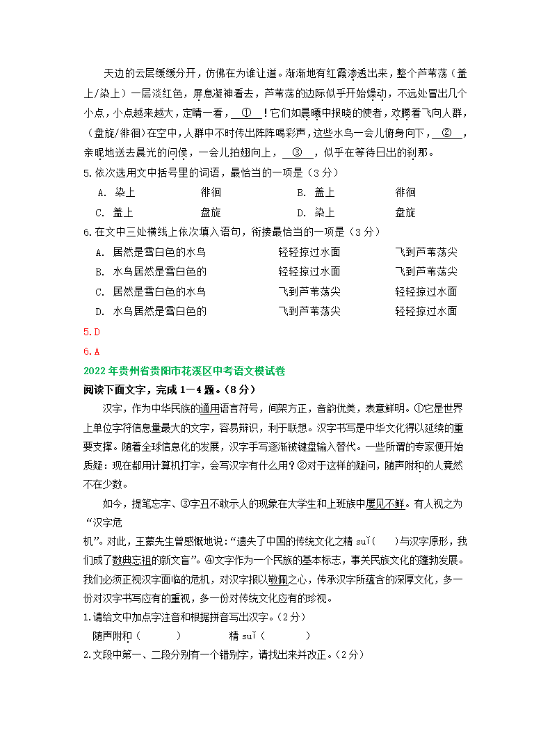 贵州省贵阳市2022年中考语文模拟试卷精选汇编：基础知识专题.doc第11页