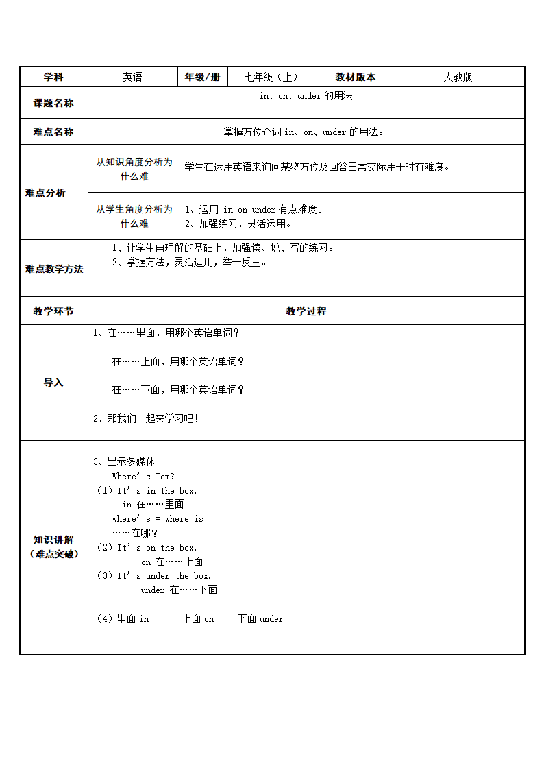 7年级上册英语人教版in、on、under的用法  教案.doc