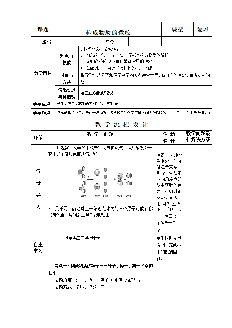 仁爱湘教版九年级化学 3.1构成物质的微粒 复习 教案.doc