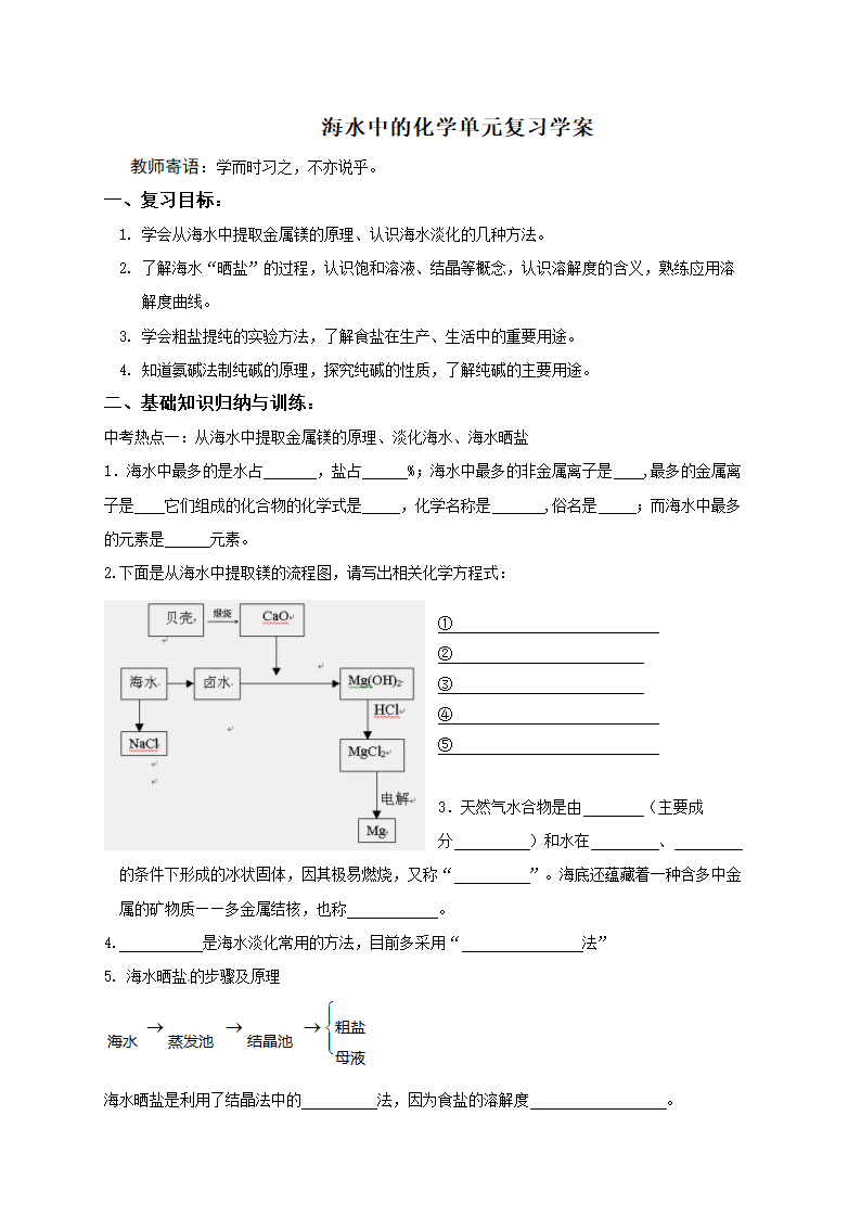 鲁教版九年级化学下册 第八单元 海水中的化学学案.doc