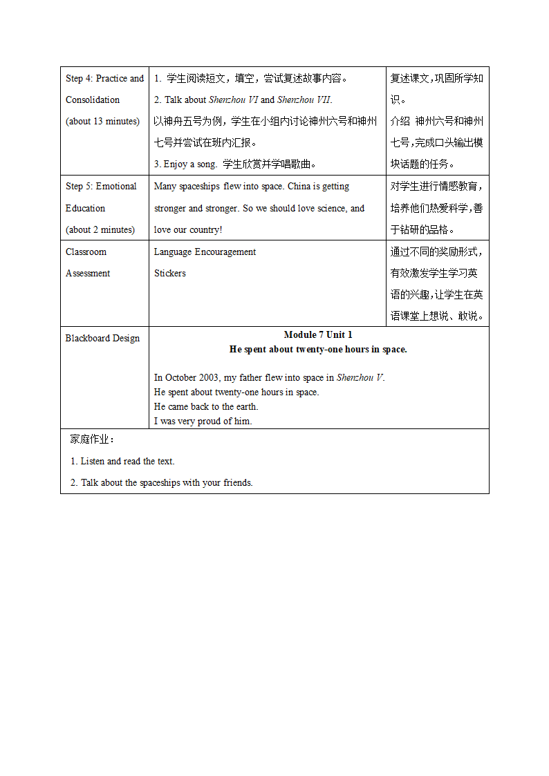 Module 7 Unit 1He spent about twenty-one hours in space.表格式教学设计.doc第5页