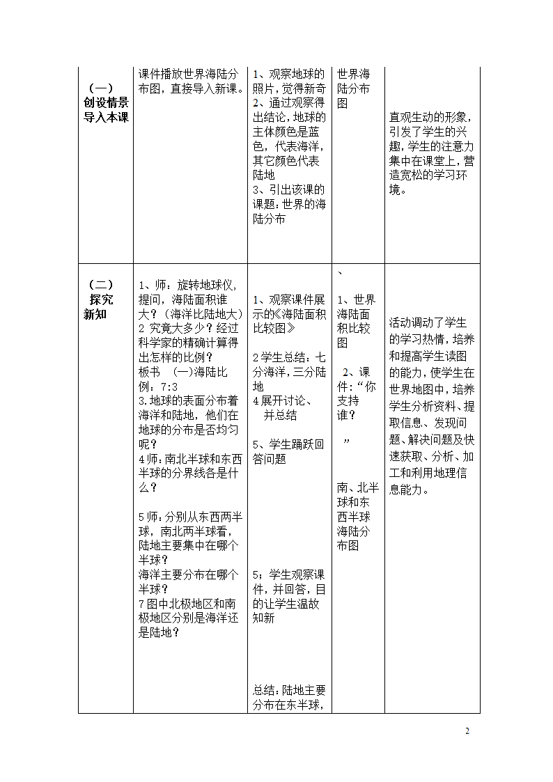 湘教版地理七年级上册第二章第二节世界的海陆分布教案（表格式）.doc第2页