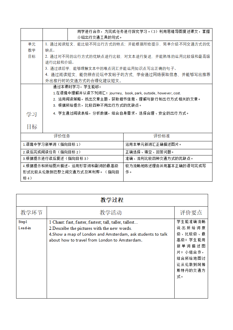 外研版八年级英语上册 Module 4 Planes, ships and trains .Unit 2(表格式教案）.doc第2页