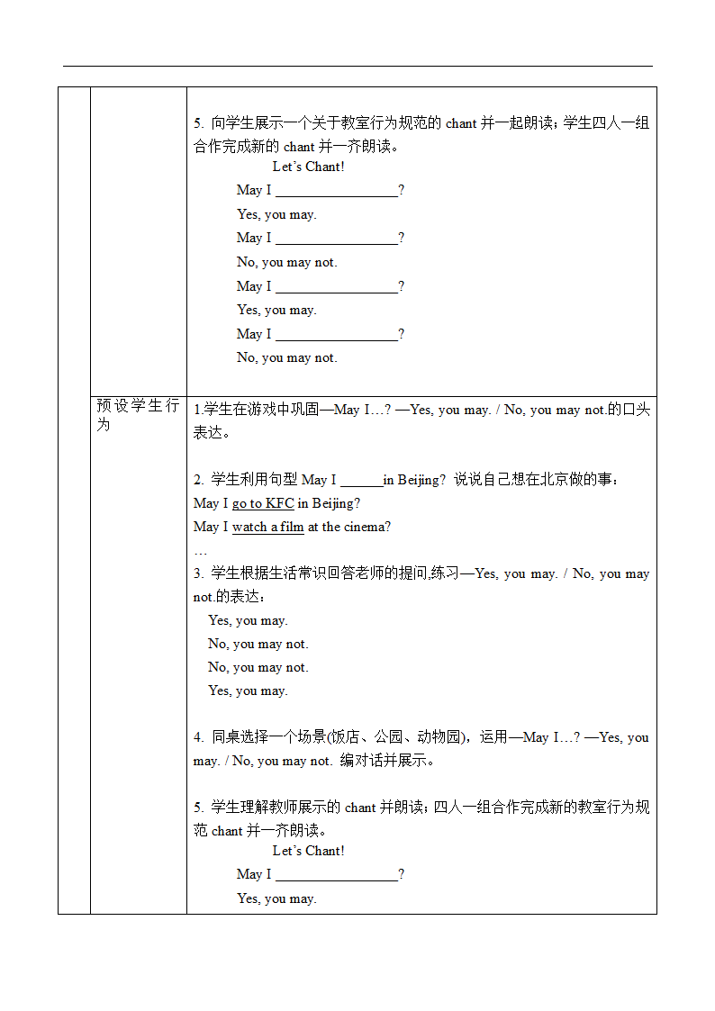 Unit 3 Lesson 14 May I Go to Beijing  表格式教案.doc第5页