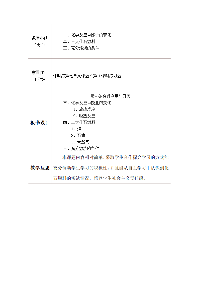 人教版初中化学九年级上册7.2  燃料的合理利用与开发 教案(表格式）.doc第3页