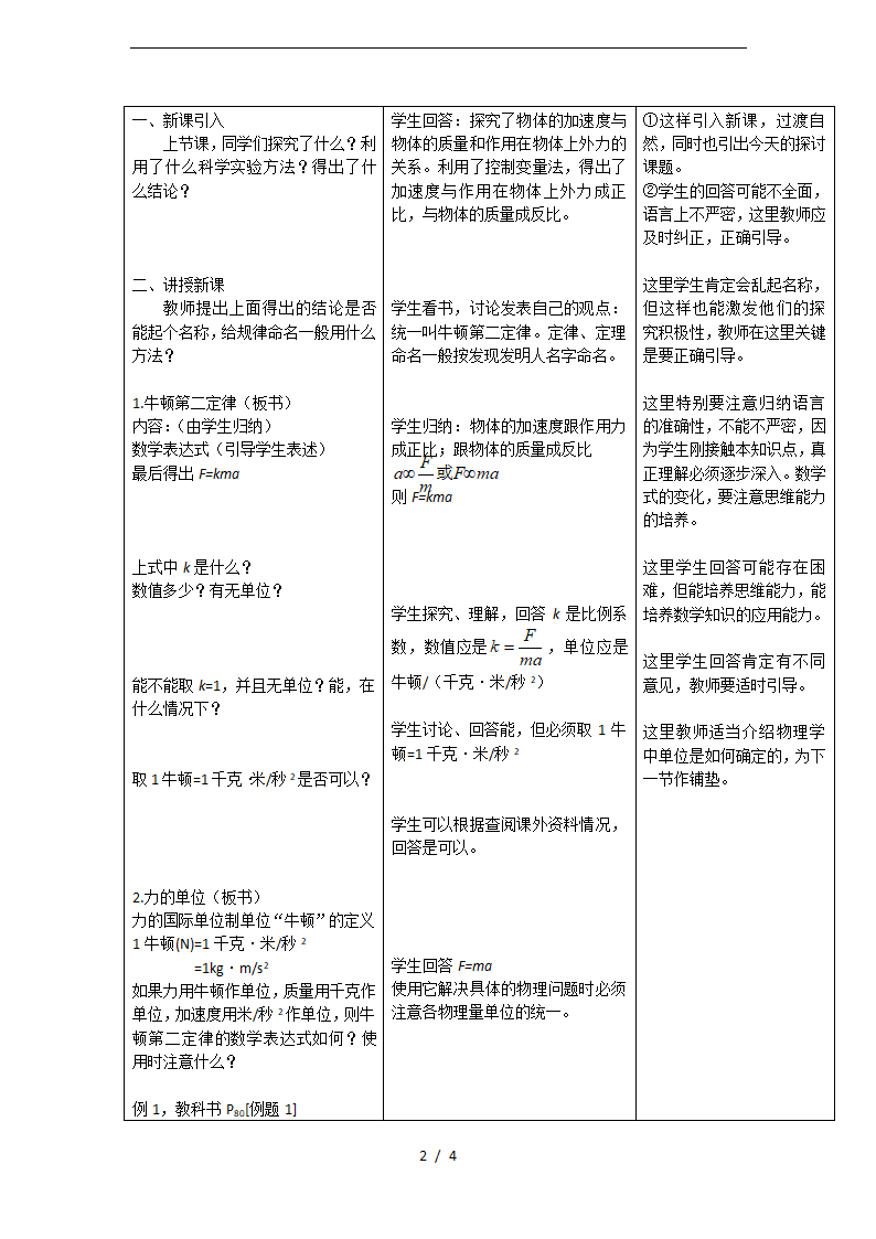 人教版必修1高中物理4.3 牛顿第二定律 教学设计.doc第2页